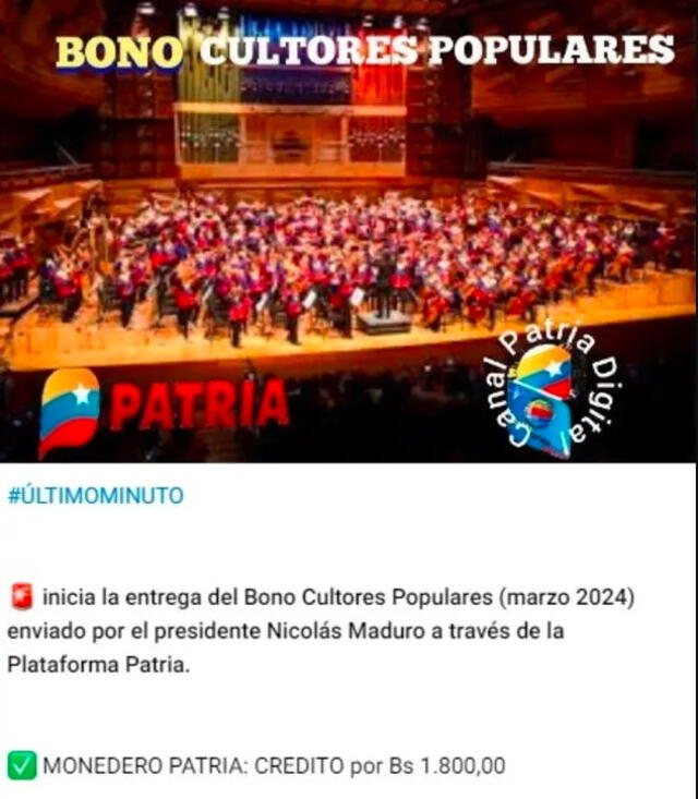 Anuncio del Bono Cultores Populares de marzo 2024. Foto: Canal Patria Digital   
