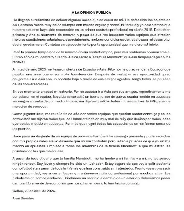 Comunicado de Aron Sánchez. Foto: Instagram/Aron Sánchez.   