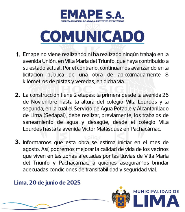  Comunicado EMAPE S. A. Foto: Municipalidad de Lima   