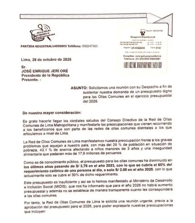  Carta de la red de ollas comunes enviada al presidente José Jerí el 28 de octubre   