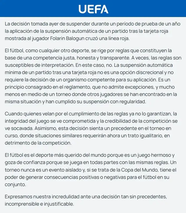 Comunicado de UEFA sobre caso Folarin Balogun. Foto: UEFA Comunicado de UEFA sobre caso Folarin Balogun. Foto: UEFA