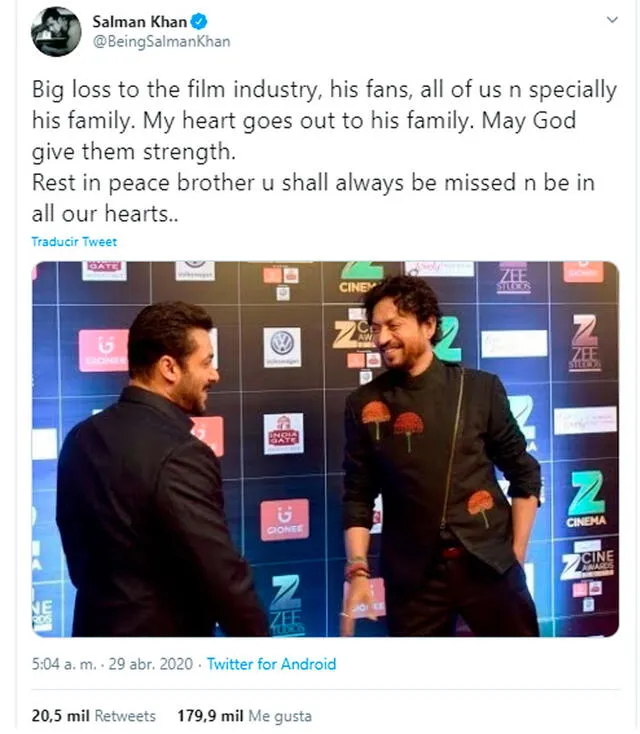 Tweet de Salman Khan por la muerte de Irrfan Khan.