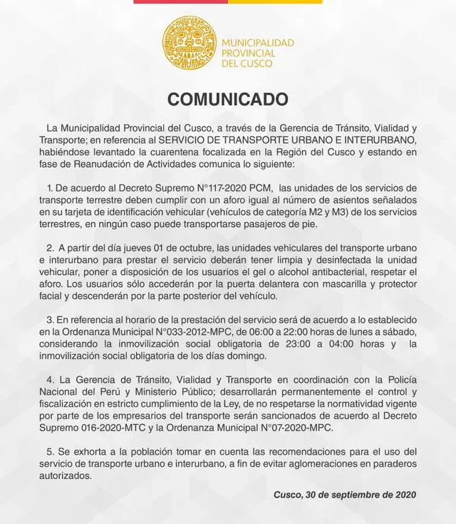 Comunicado Municipalidad Provincial de Cusco.