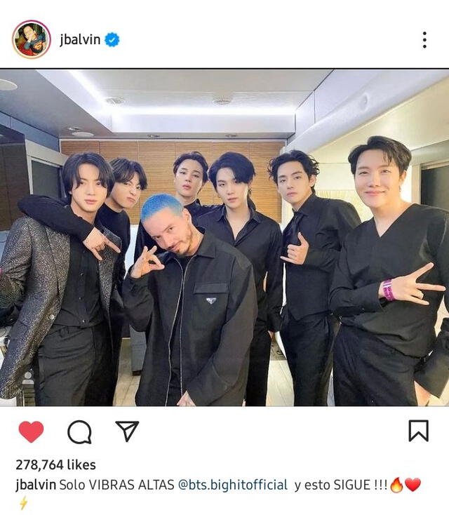 J Balvin junto con seis integrantes de BTS. Foto: Instagram