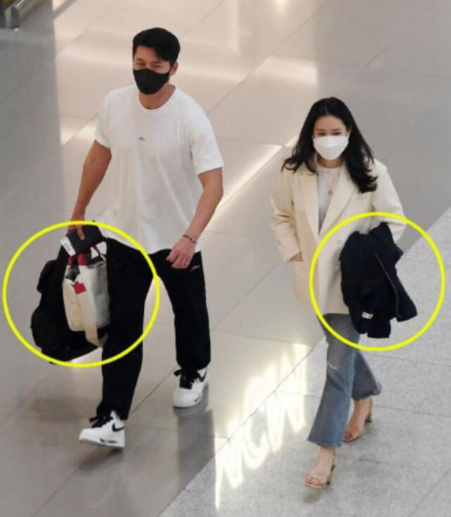 Hyun Bin y Son Ye Jin en el aeropuerto de Incheon. Foto: Newsen