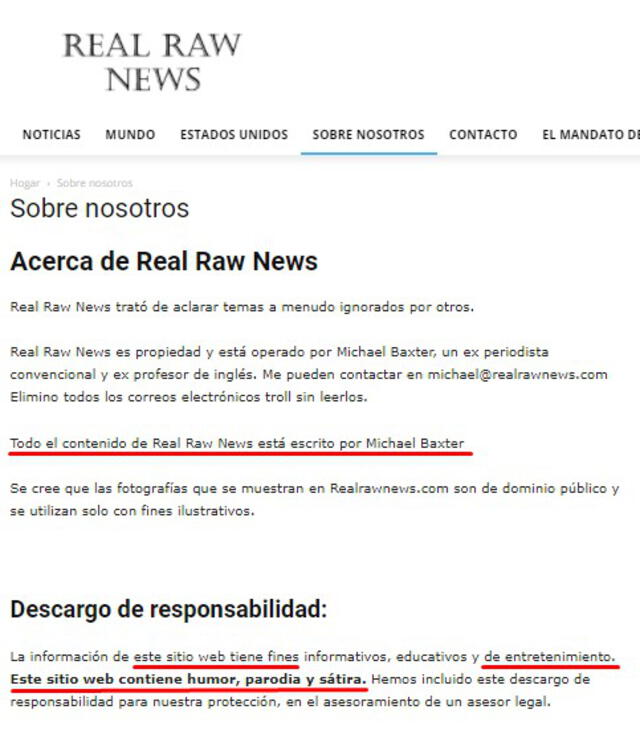 Descargo de responsabilidad sobre lo que se escribe en el sitio de Real Raw News. FOTO: Captura de pantalla.