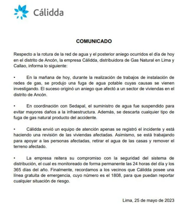 La empresa afirma que se encuentra monitoreando de forma permanente el sistema de distribución de gas. Foto: Cálidda   