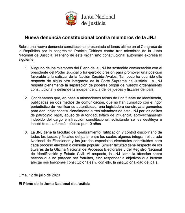 Comunicado de la Junta Nacional de Justicia   