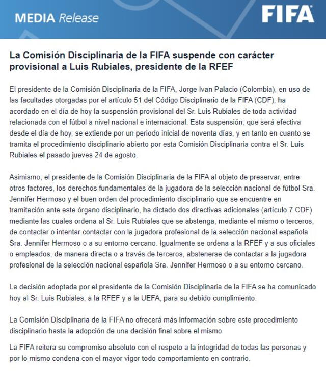  Comunicado de la FIFA donde anuncia suspensión temporal a Rubiales. Foto: FIFA.   