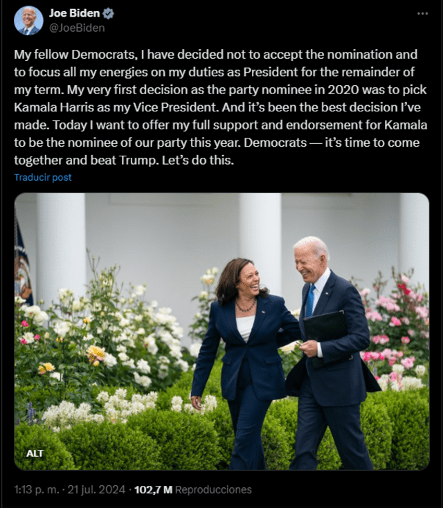  Joe Biden muestra su apoyo y respaldo a Kamala Harris para que sea la candidata republicana. Foto:@JoeBiden / X    