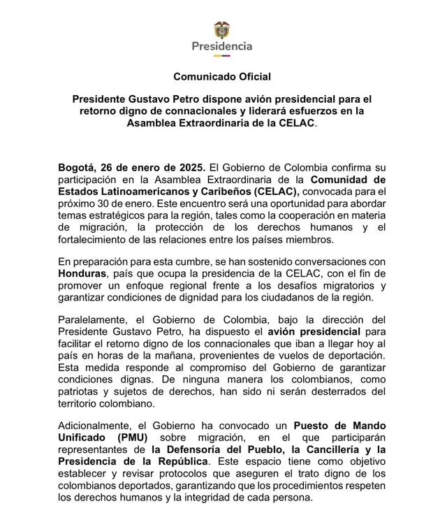  Comunicado Oficial de Gobierno de Colombia   