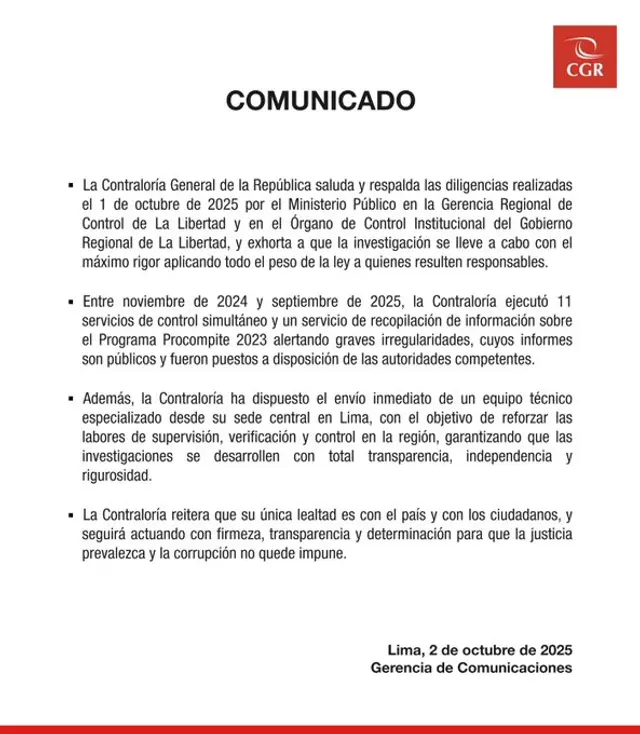 Comunicado de la Contraloría. Foto: Contraloría   
