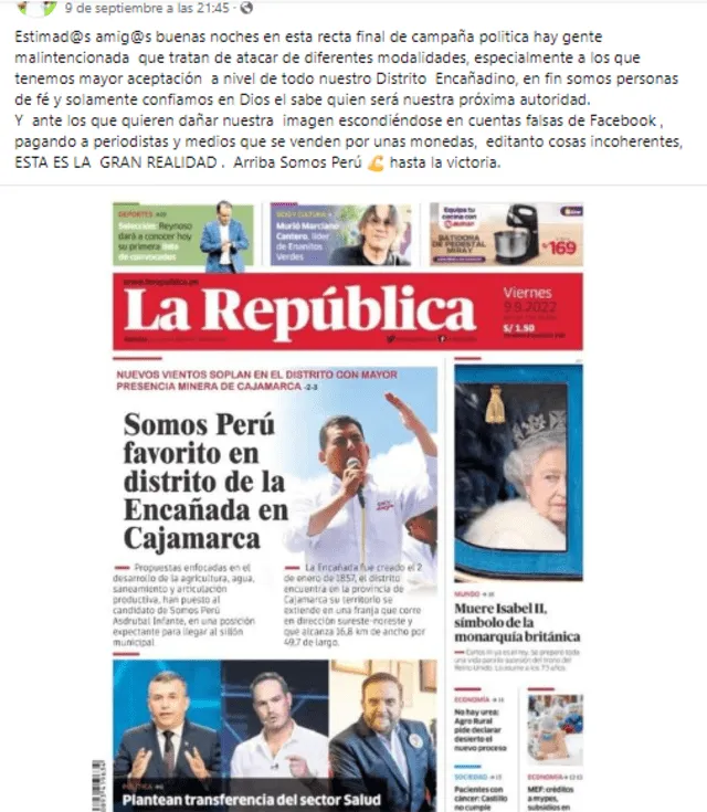 Publicación falsa es del viernes pasado. Foto: captura