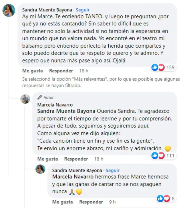 24.6.2022 | Comentario de Sandra Muente en la publicación de Marcela Navarro. Foto: captura Facebook