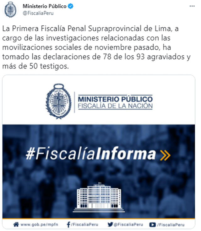 Comunicado de la Primera Fiscalía Penal Supraprovincial de Lima. Foto: captura de Twitter