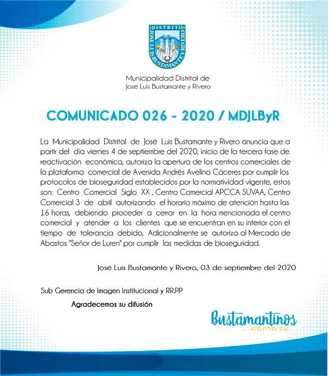 Comunicado de Municipalidad Distrital de José Luis Bustamante y Rivero.