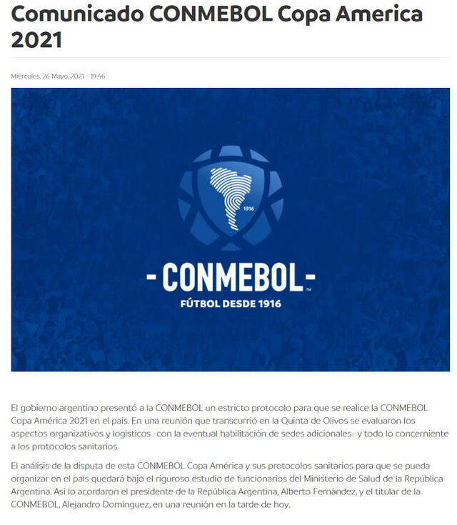Comunicado de la Conmebol sobre la Copa América 2021