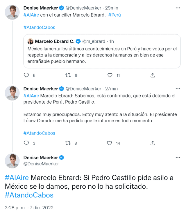 El canciller Marcelo Ebrard confirmó en un programa de radio las intenciones del gobierno mexicano de otorgarle asilo político. Foto: @DeniseMaerker/Twitter