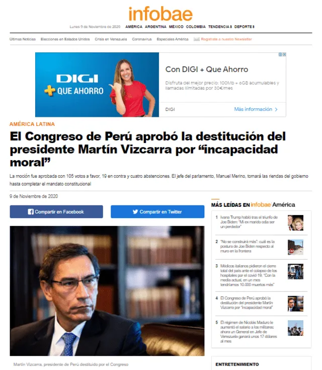 El portal Infobae señaló que el destino de Martín Vizcarra es ahora incierto. Foto: captura web