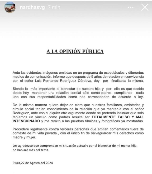 Comunicado de Nardha Velarde. Foto: Instagram/nardhasvg.   