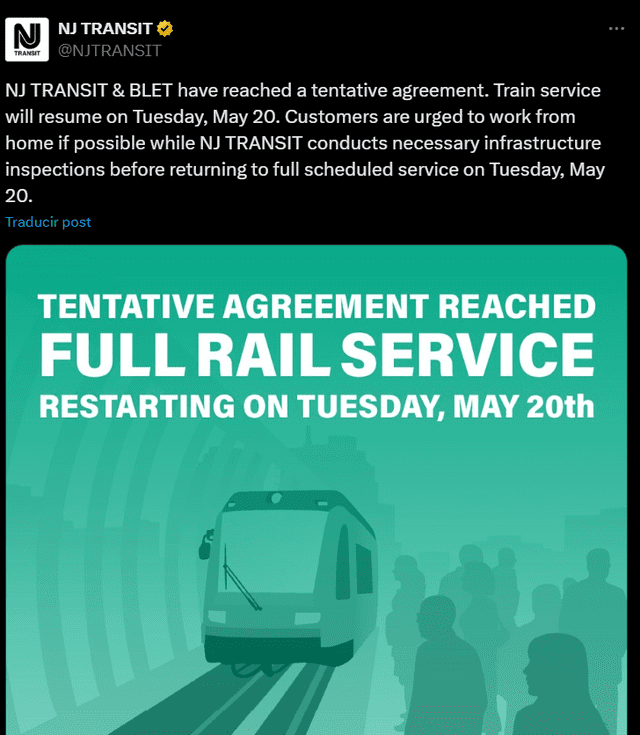 NJ Transit announces tentative deal with BLET; train service set to resume Tuesday, May 20, pending safety inspections. Commuters advised to plan accordingly. Photo: NJ Transit X account NJ Transit announces tentative deal with BLET; train service set to resume Tuesday, May 20, pending safety inspections. Commuters advised to plan accordingly. Photo: NJ Transit X account