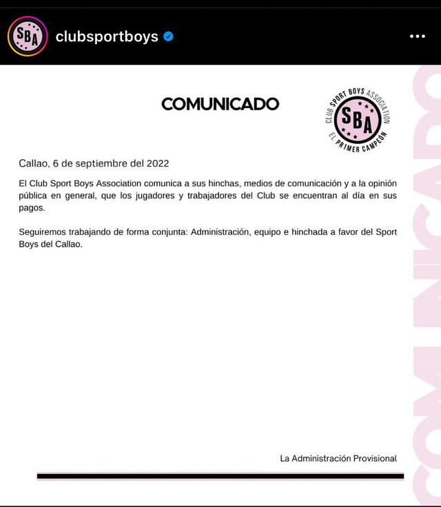 Publicación de Sport Boys. Foto: captura de Instagram