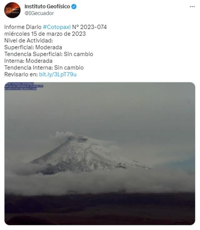  Informe del 15 de marzo de 2023 del volcán Cotopaxi. Foto: Twitter/IGEecuador   