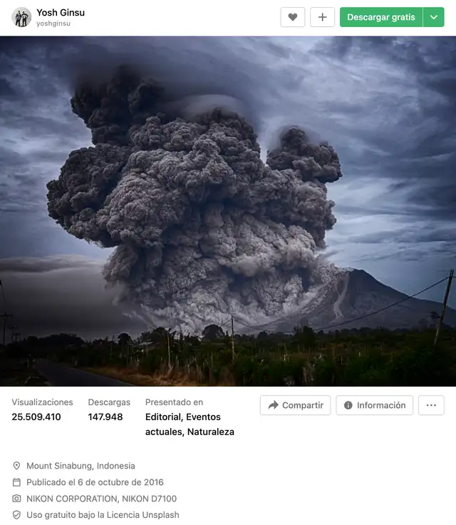 Publicación de 2016 corresponde al monte Sinabung, en Indonesia. Foto: captura de unsplash.com   