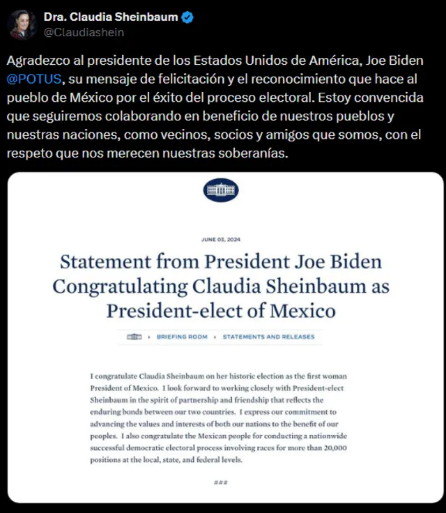 Claudia Sheinbaum expresa a Biden su deseo de colaborar con EE. UU. : 