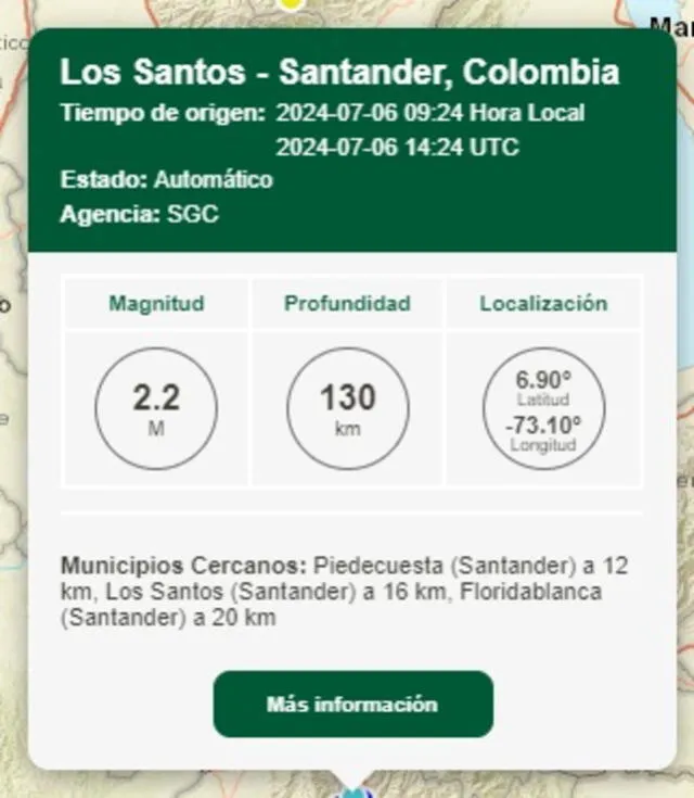Información del último sismo en Colombia. Foto: SGC 
