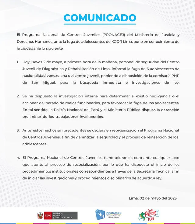 Comunicado de PRONACEJ tras fuga de internos. Foto: PRONACEJ Comunicado de PRONACEJ tras fuga de internos. Foto: PRONACEJ