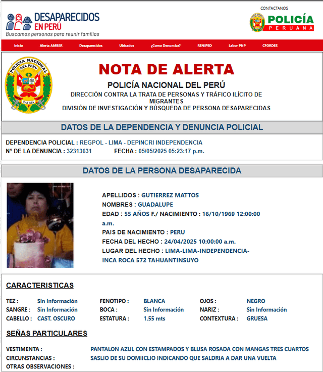 Nota de alerta por desaparición de Guadalupe Gutiérrez. Fuente: PNP Nota de alerta por desaparición de Guadalupe Gutiérrez. Fuente: PNP