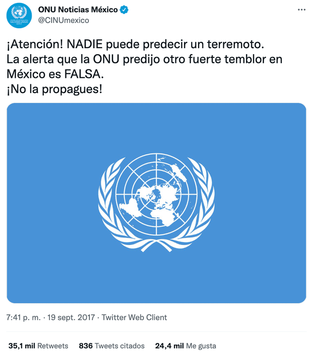 Publicación de la ONU en Twitter. Setiembre, 2017. Foto: captura LR/Twitter.