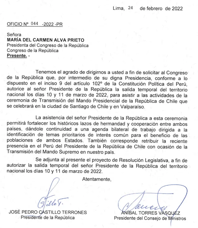 Pedro Castillo pide al Congreso autorización para asistir a toma de mando de Gabriel Boric. Foto: captura