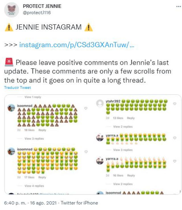 El instagram de Jennie fue atacado por trolls. Foto: Twitter