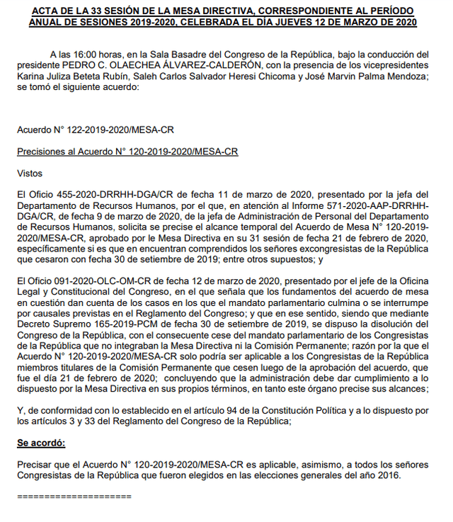 Último acuerdo de la Mesa Directiva que dirigió Pedro Olaechea.