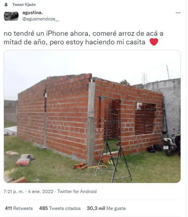 Tuit de Agustina Mendoza sobre los avances de la costrucción de su casa. Foto: captura Twitter