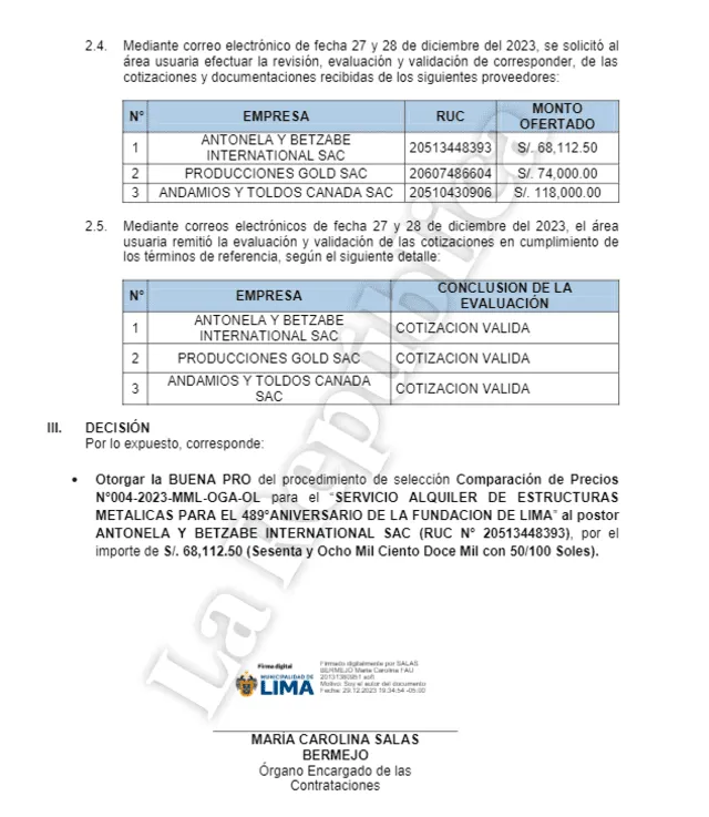 Solo 3 proveedores completaron el proceso de cotización. Foto: La República    