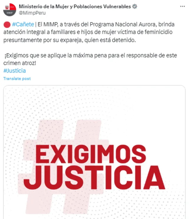 Ministerio de la Mujer exige justicia por feminicidio en Cañete