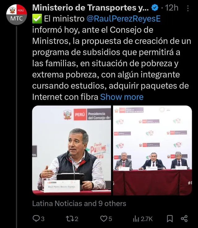  Tweet de el Ministerio de Transportes y Comunicaciones (MTC) sobre la creación de un nuevo programa de subsidios para la contratación de internet domiciliario . Foto: MTC/X.   