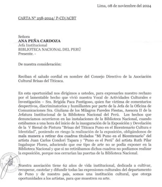  Asociación envía carta a jefa de la Biblioteca Nacional   