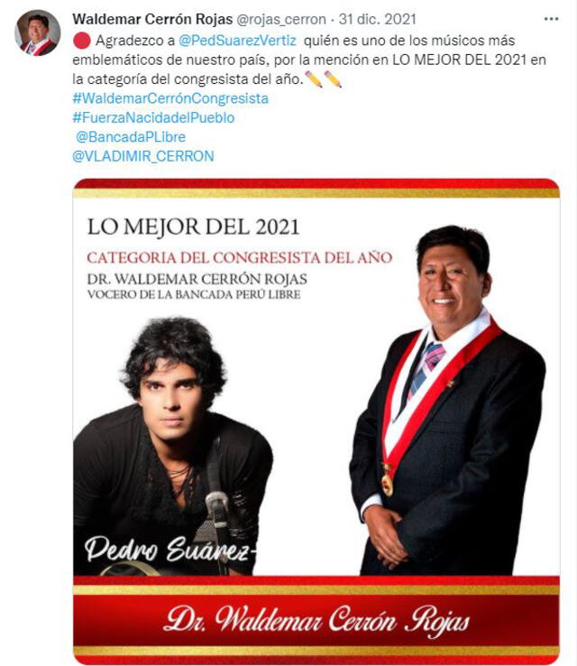 Waldermar Cerrón fue considerado por Pedro Suarez-Vertiz como uno de los "congresistas del año". Foto: Twitter