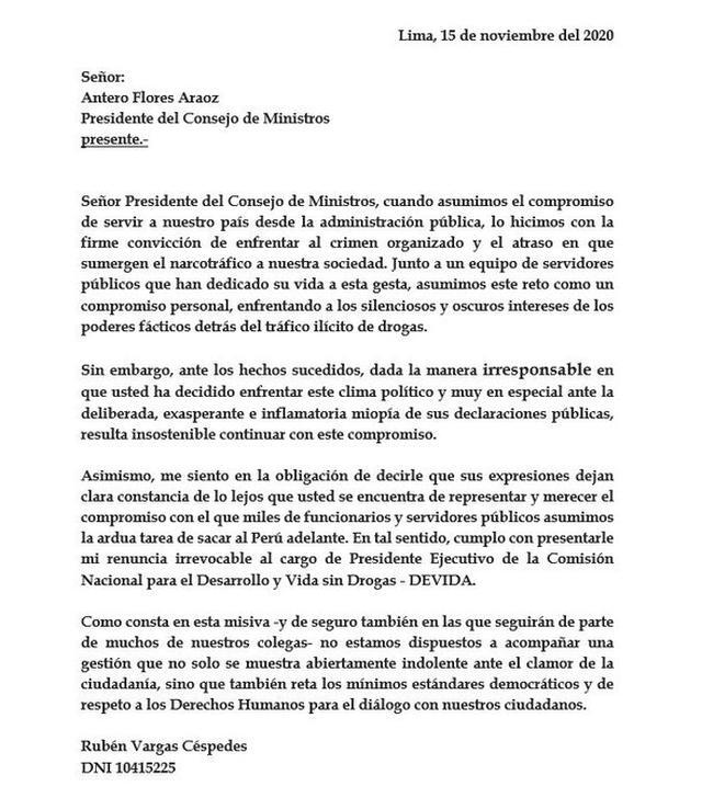 Carta de renuncia de Rubén Vargas Cespedes