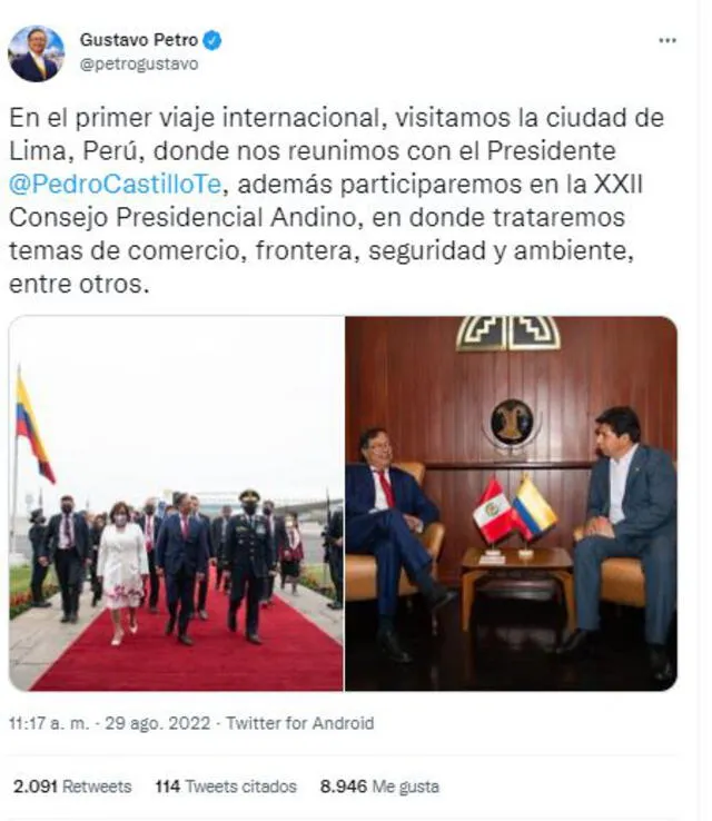 Gustavo Petro hace su primer viaje internacional como presidente de Colombia. Al llega a Perú, se reunió con su homólogo Pedro Castillo. Foto: @petrogustavo/Twitter