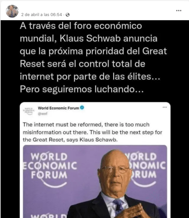 Publicación compartida en Facebook sobre supuesta propuesta de Klaus Schwab para controlar el internet. Fuente: Captura LR, Facebook.