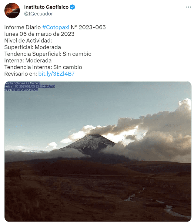 Último reporte del volcán Cotopaxi al 6 de marzo de 2023. Foto: IGE<br>   