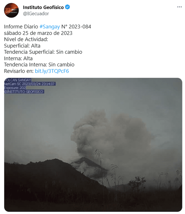 Último reporte del volcán Sangay. Foto: Twitter/IGEcuador   