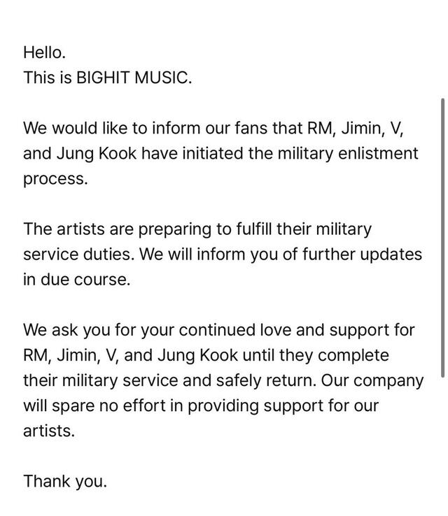  Agencia BIGHIT MUSIC confirma que cuatro miembros de BTS empiezan su servicio militar. Foto: Weverse de BTS<br>   