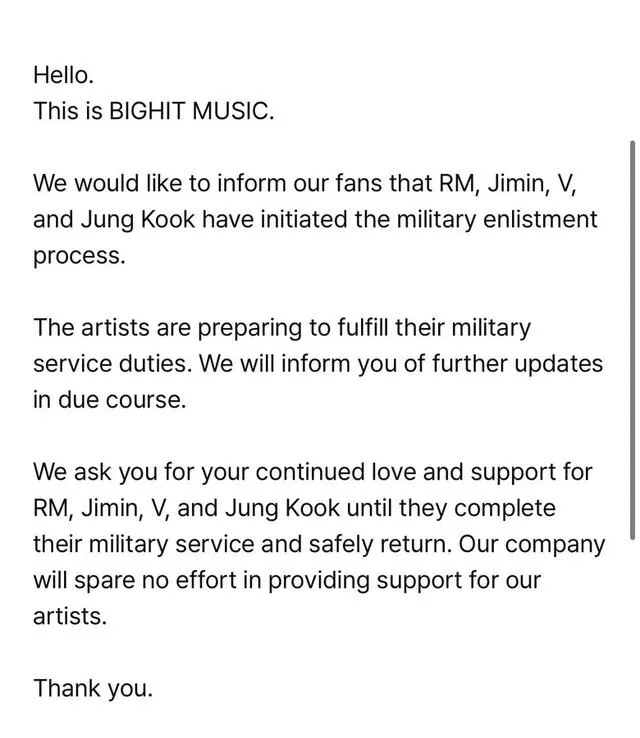  Agencia BIGHIT MUSIC confirma que cuatro miembros de BTS inician su servicio militar. Foto: Weverse de BTS   