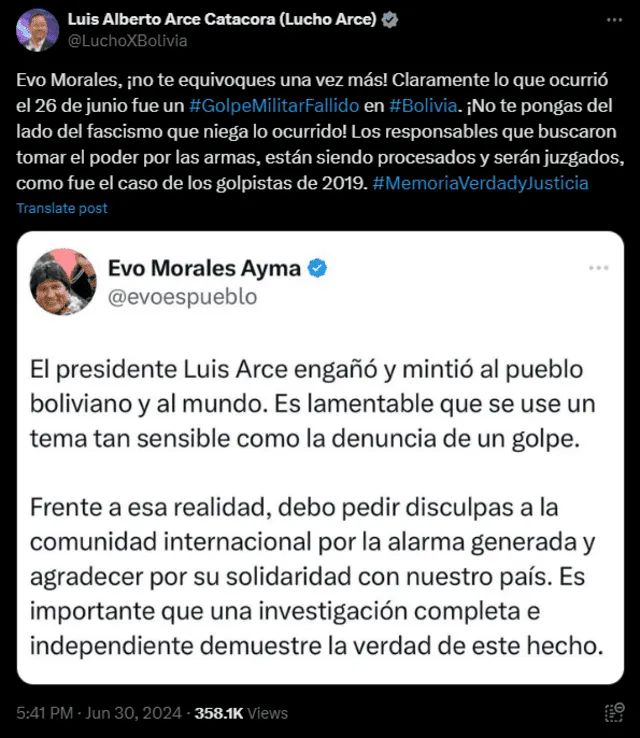  Luis Arce le responde a Evo Morales. Foto: @LuchoXBolivia/X<br>    